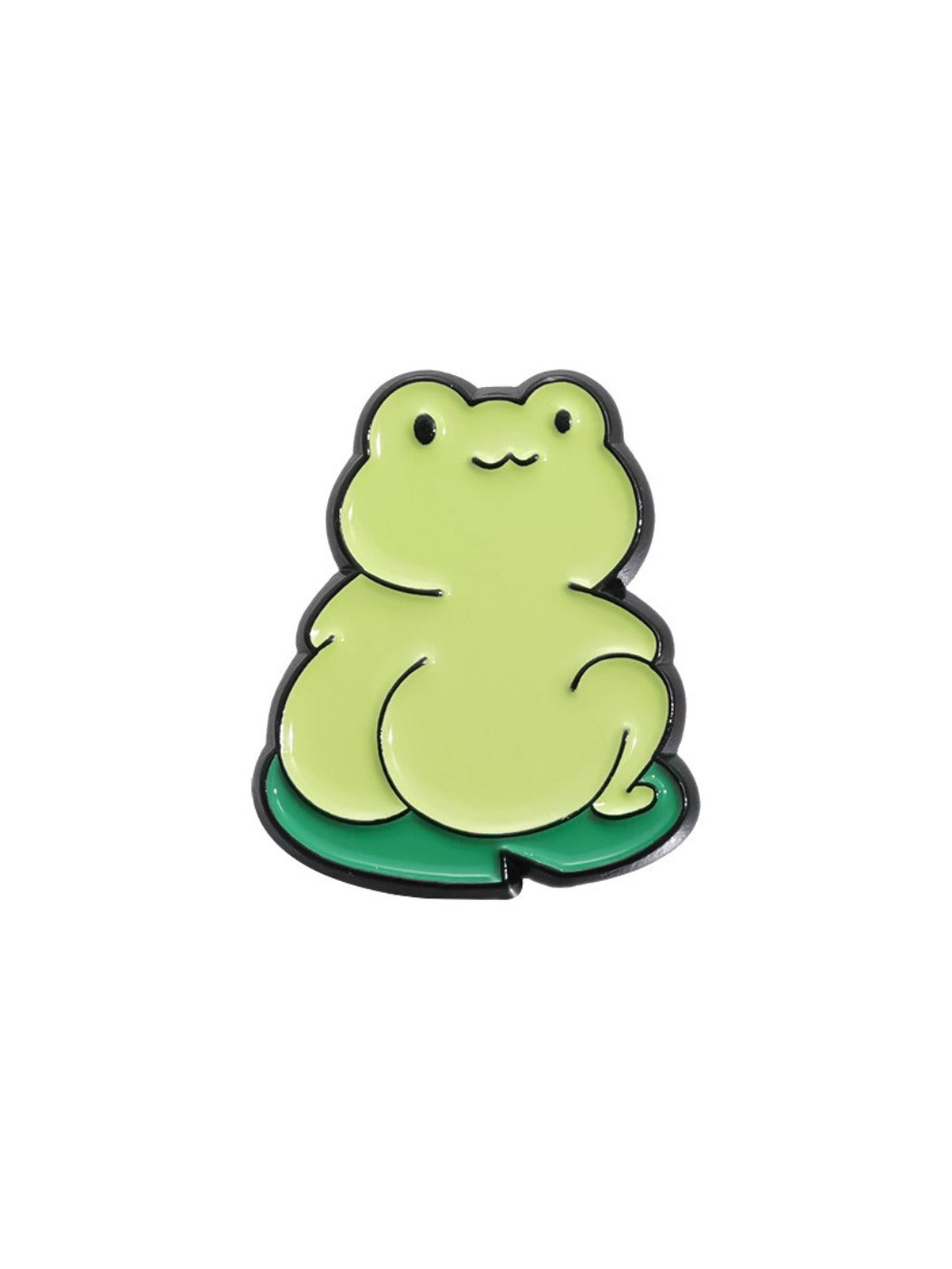 Pinori frog badge pin shown from the back side revealing metal clasp