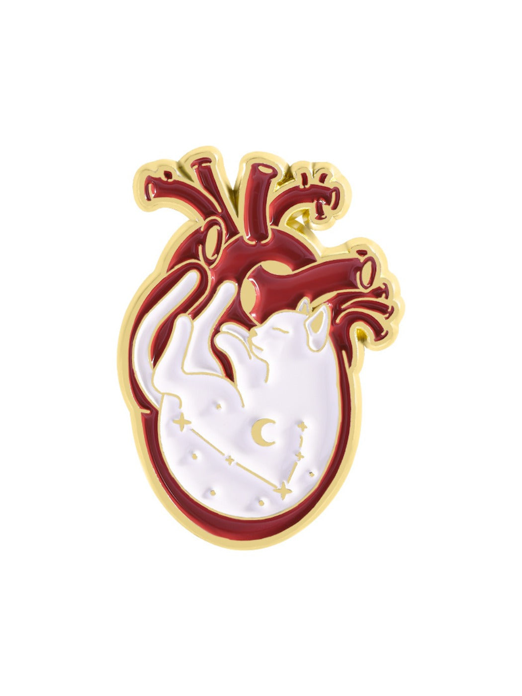 Pinori cat heart anatomy brooch with focus on heart section and cat outline