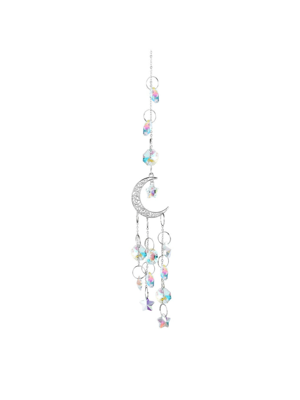 Golden crescent moon dream catcher with hanging feathers displayed on wooden background