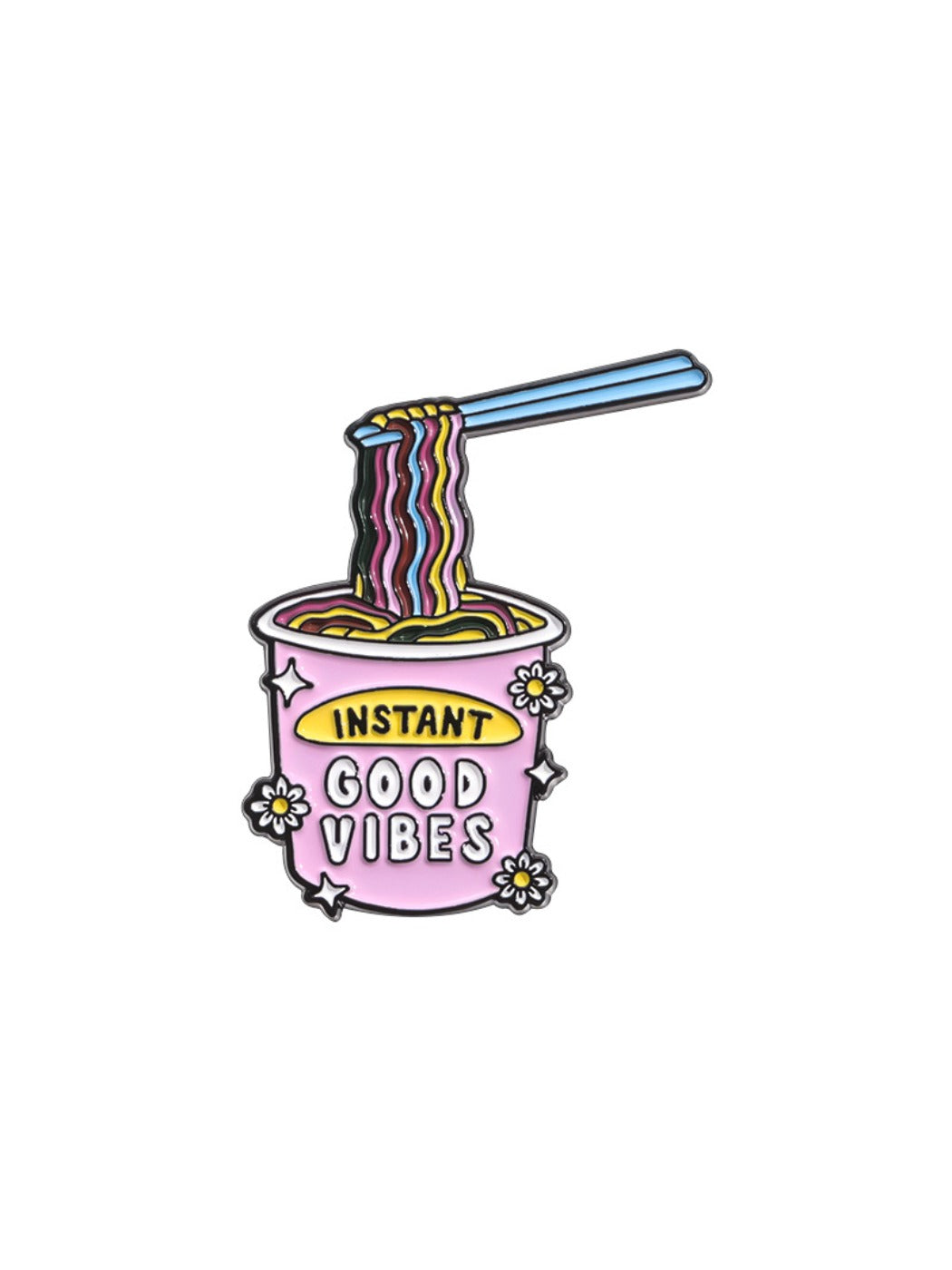 Pinori ramen brooch pin worn on a backpack strap as a fashion accessory