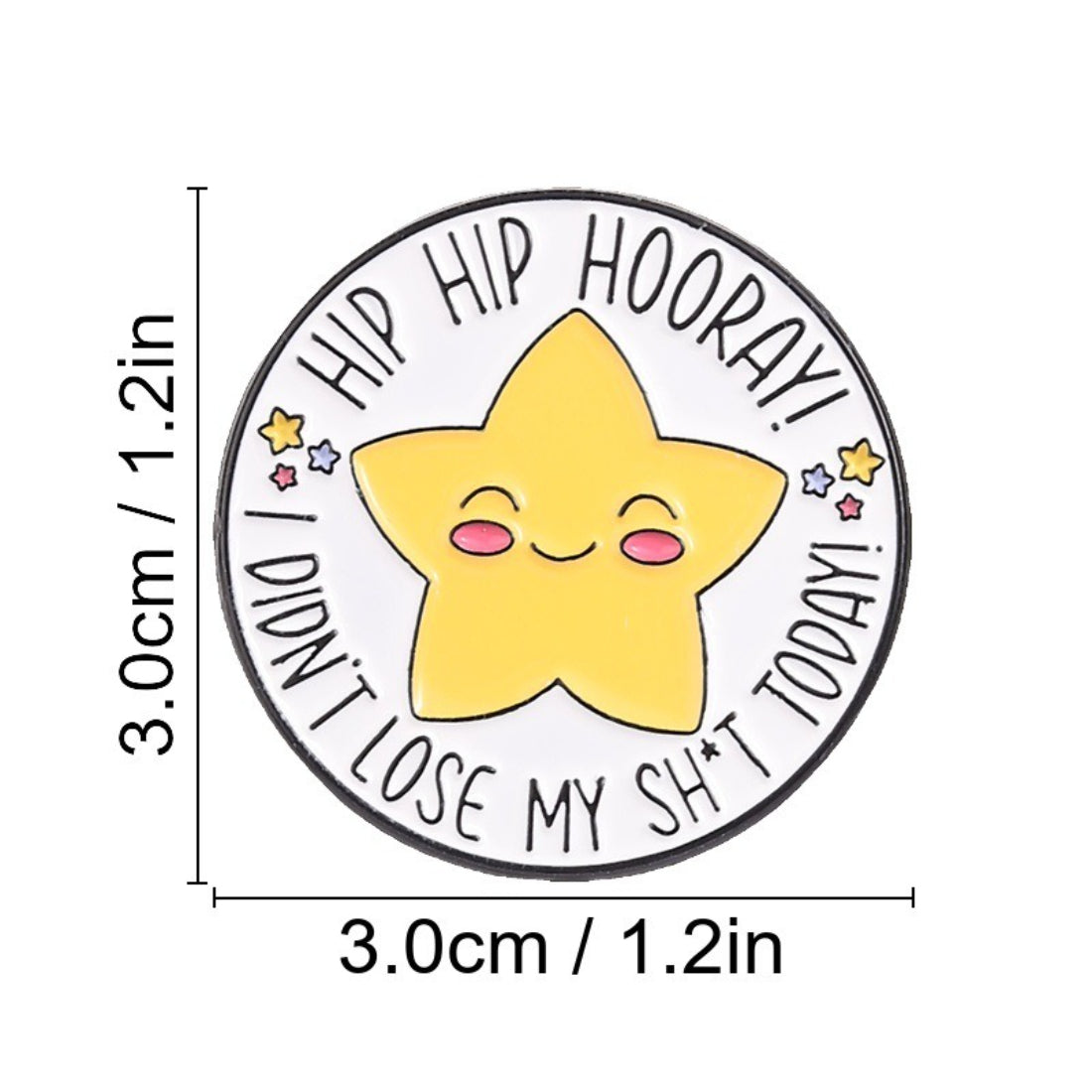 Pinori Hip Hip Hooray star enamel pin attached to denim fabric