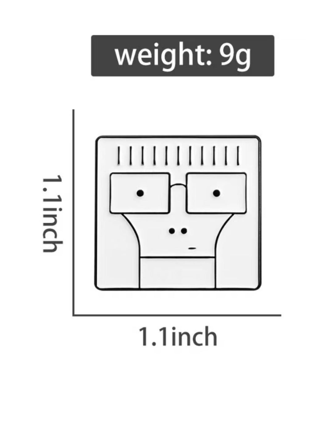 White minimalist cartoon pin held between fingers showing size and detail
