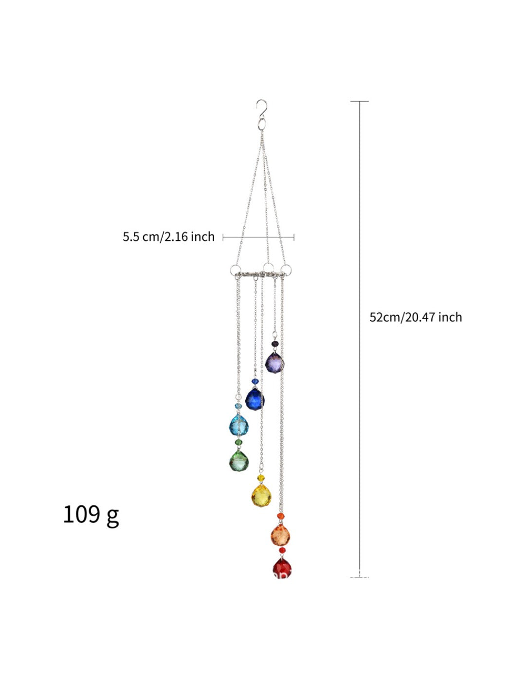 Full view of the Somnira Life Tree seven color crystal wind chime hanging outdoors