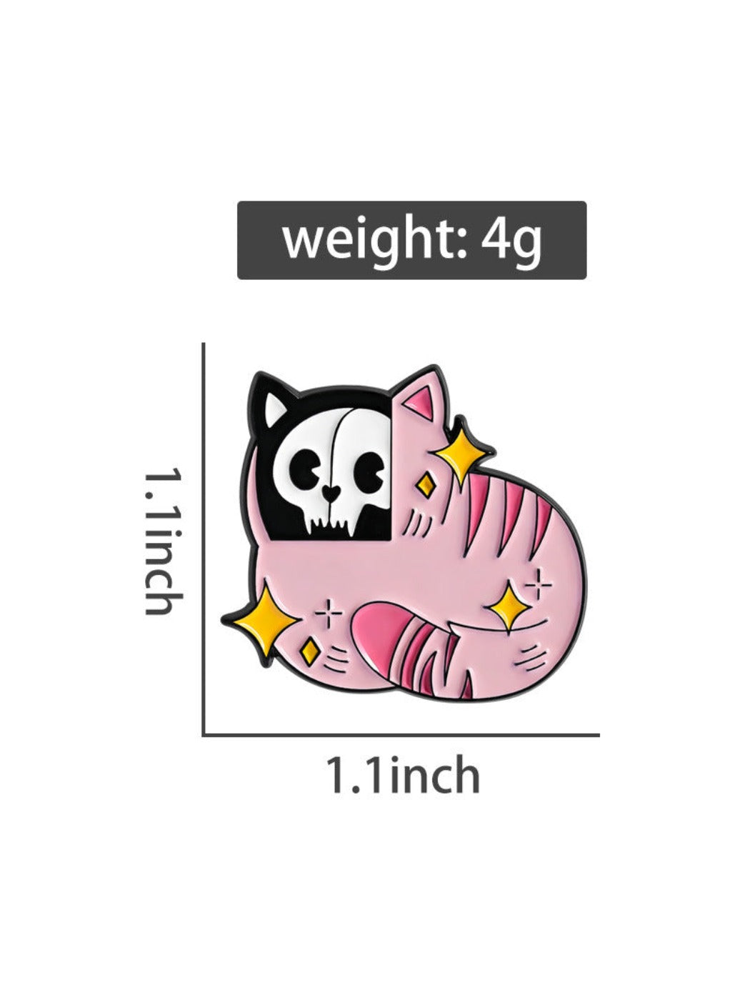 Pinori Gothic pink cat skull brooch displayed at an angle