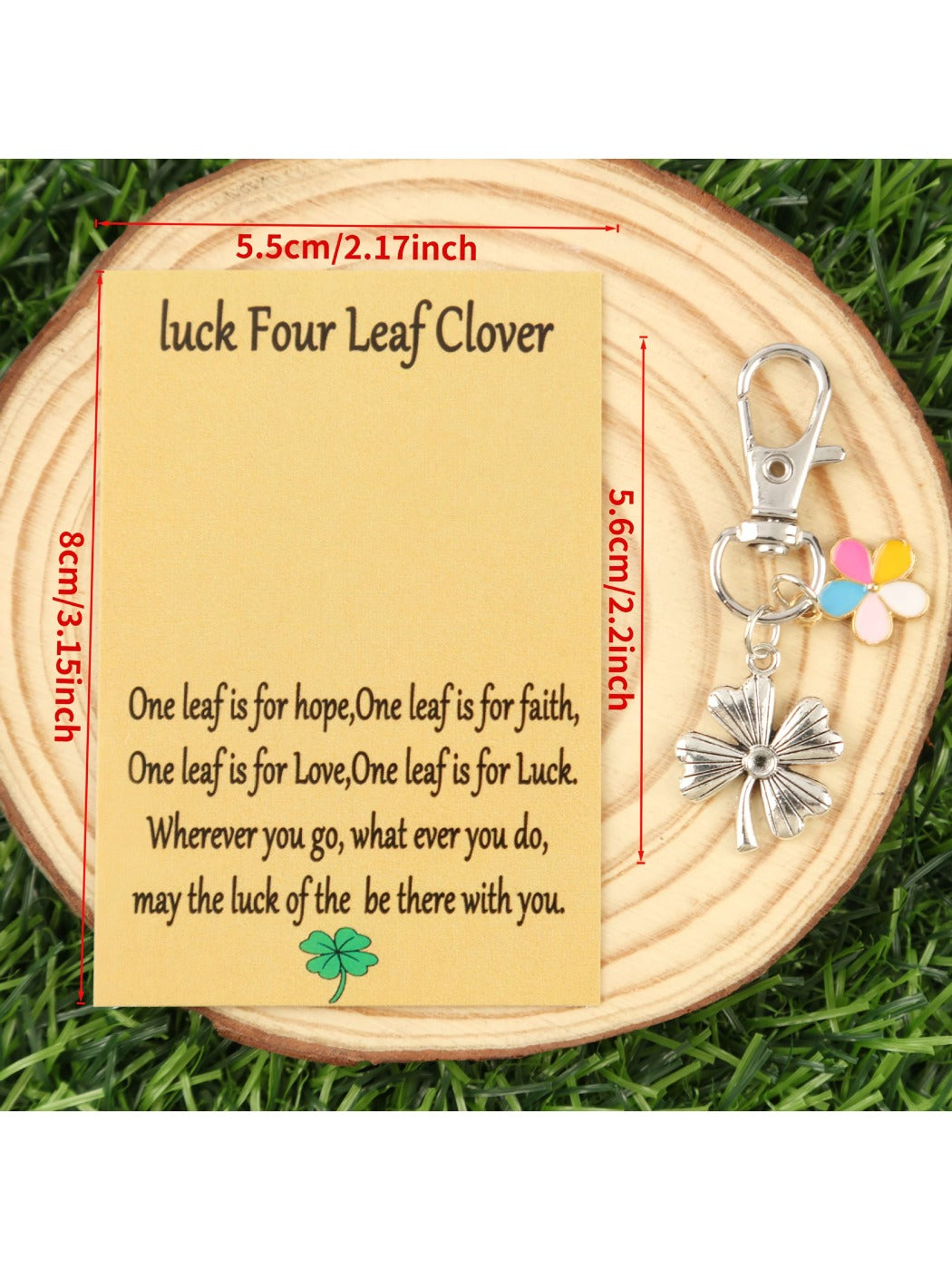 Multiple lucky clover and flower keychains in various bright colors laid out flat