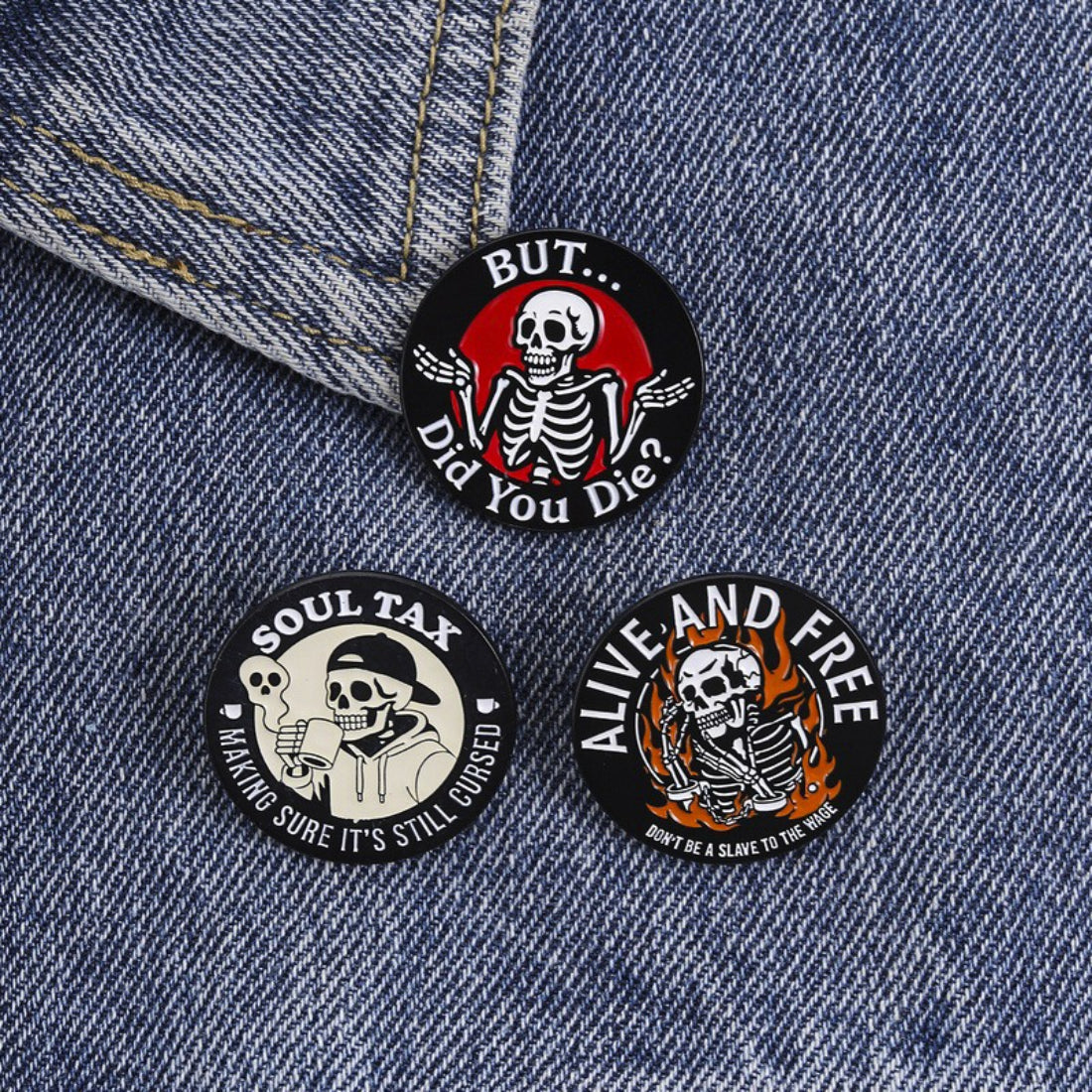 Close-up of Pinori skeleton enamel pin showing detailed skeleton design