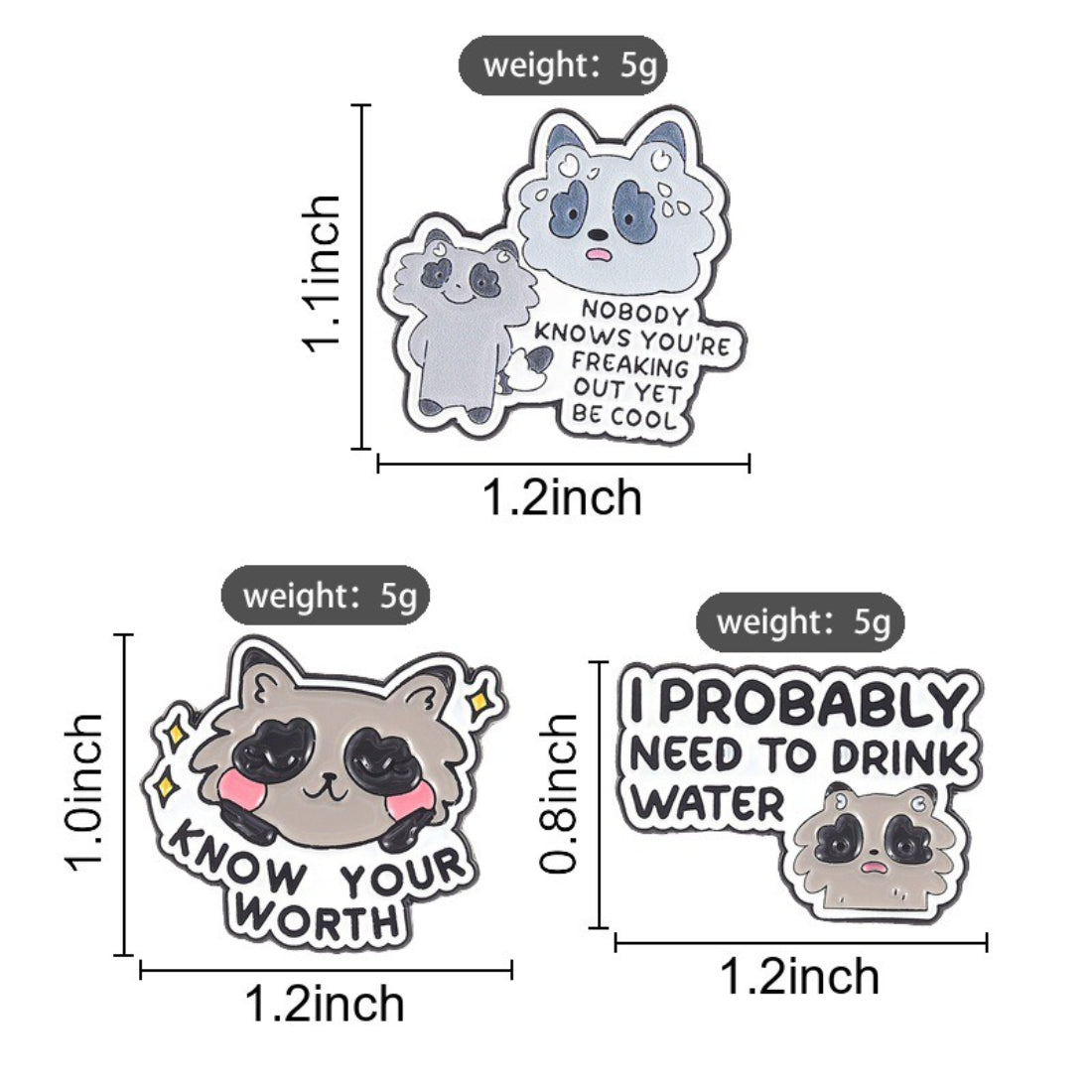 Pinori Positive Raccoon Quote enamel pin next to a small plant on a wooden surface