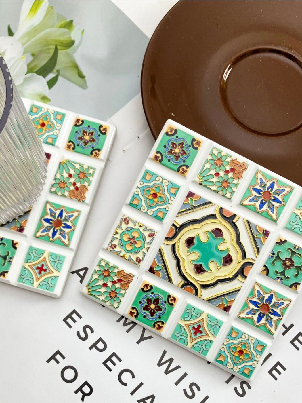 Thimara - Vintage Bohemian Embossed Square Ceramic Coaster