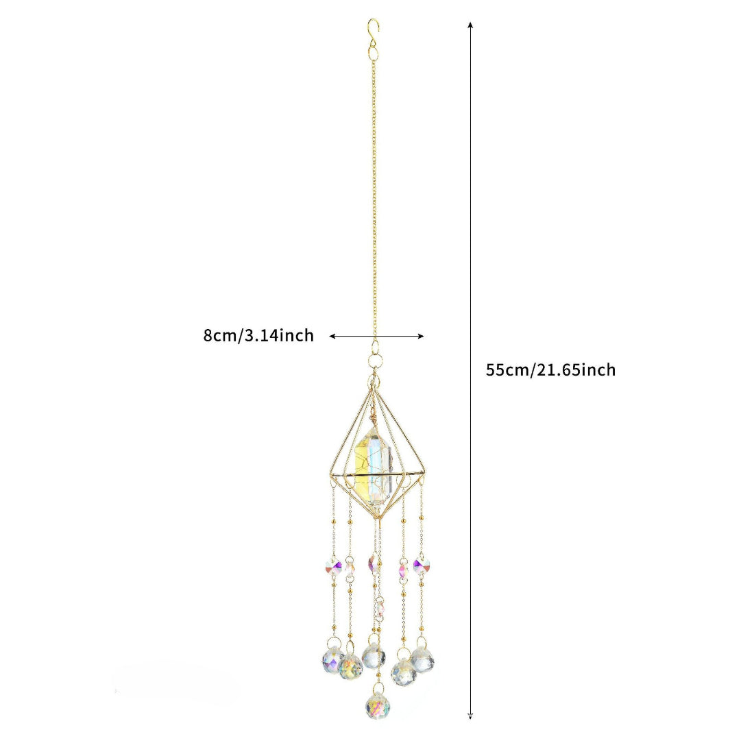 Somnira geometric prism suncatcher hanging from a chain with a blurred background
