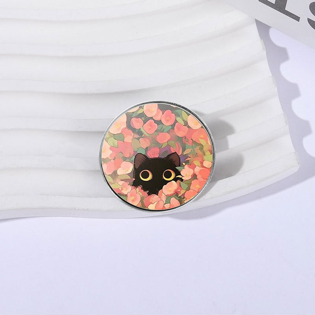 Pinori - Round Floral Cute Black Cat Brooch Pin