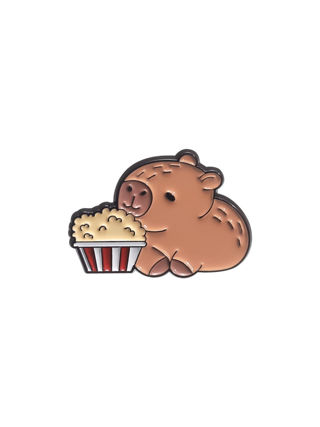 Pinori metal pin featuring capybara and hamburger, angled view
