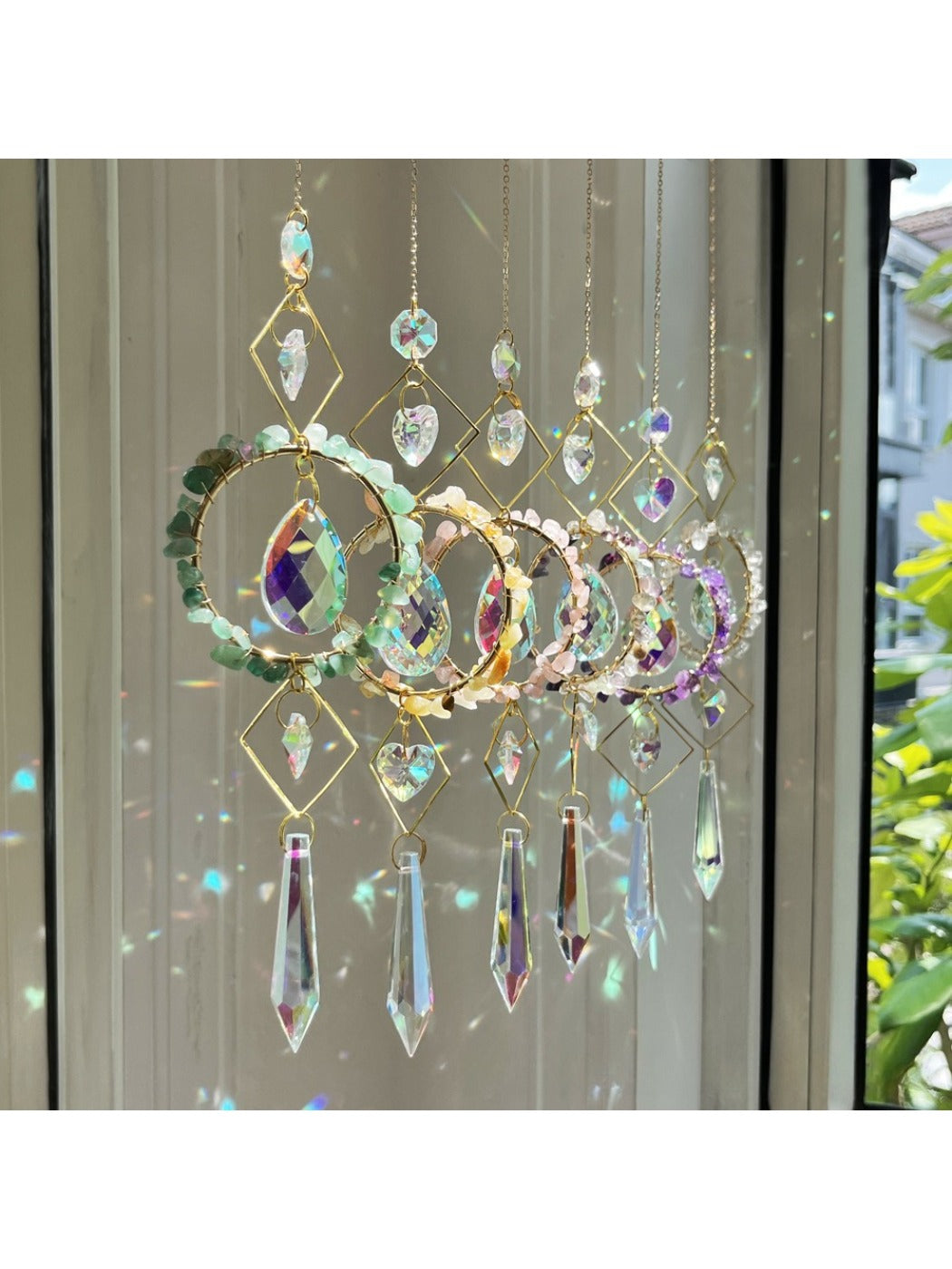 Somnira colorful suncatcher wind chime hanging outdoors with vibrant glass pieces