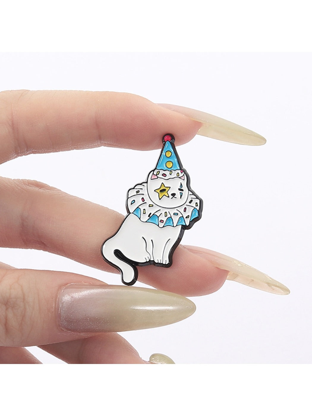 Pinori cartoon cat brooch worn on denim jacket pocket for style demonstration