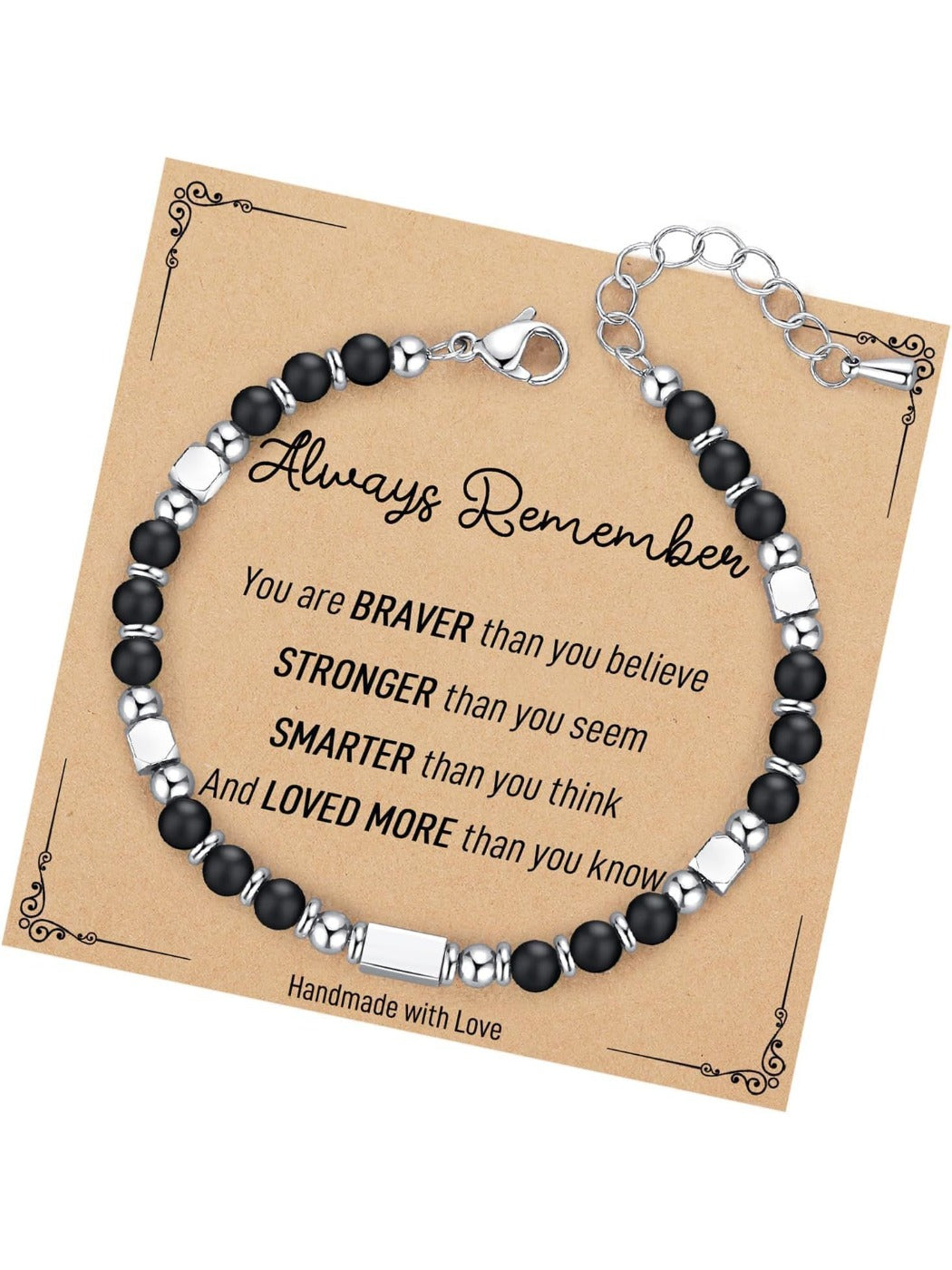 Emora bracelet with card placed on a textured fabric background