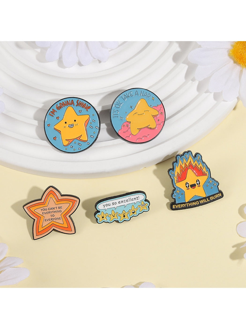 Close-up of Pinori shining star pin showing glossy enamel finish