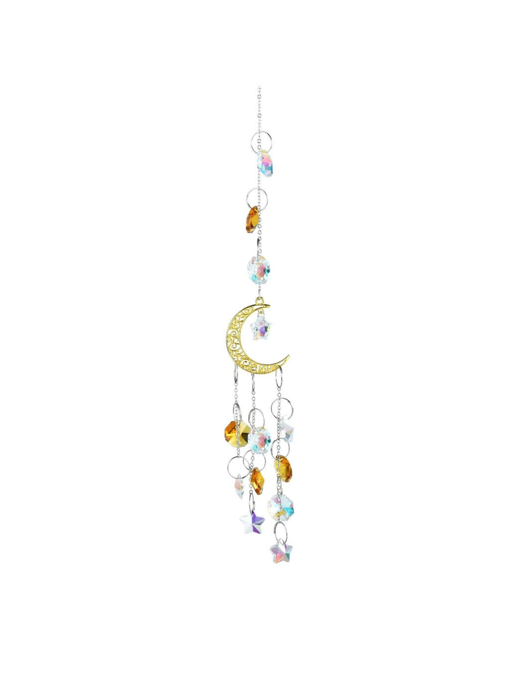 Detailed shot of white feathers and crystal beads suspended from golden moon frame