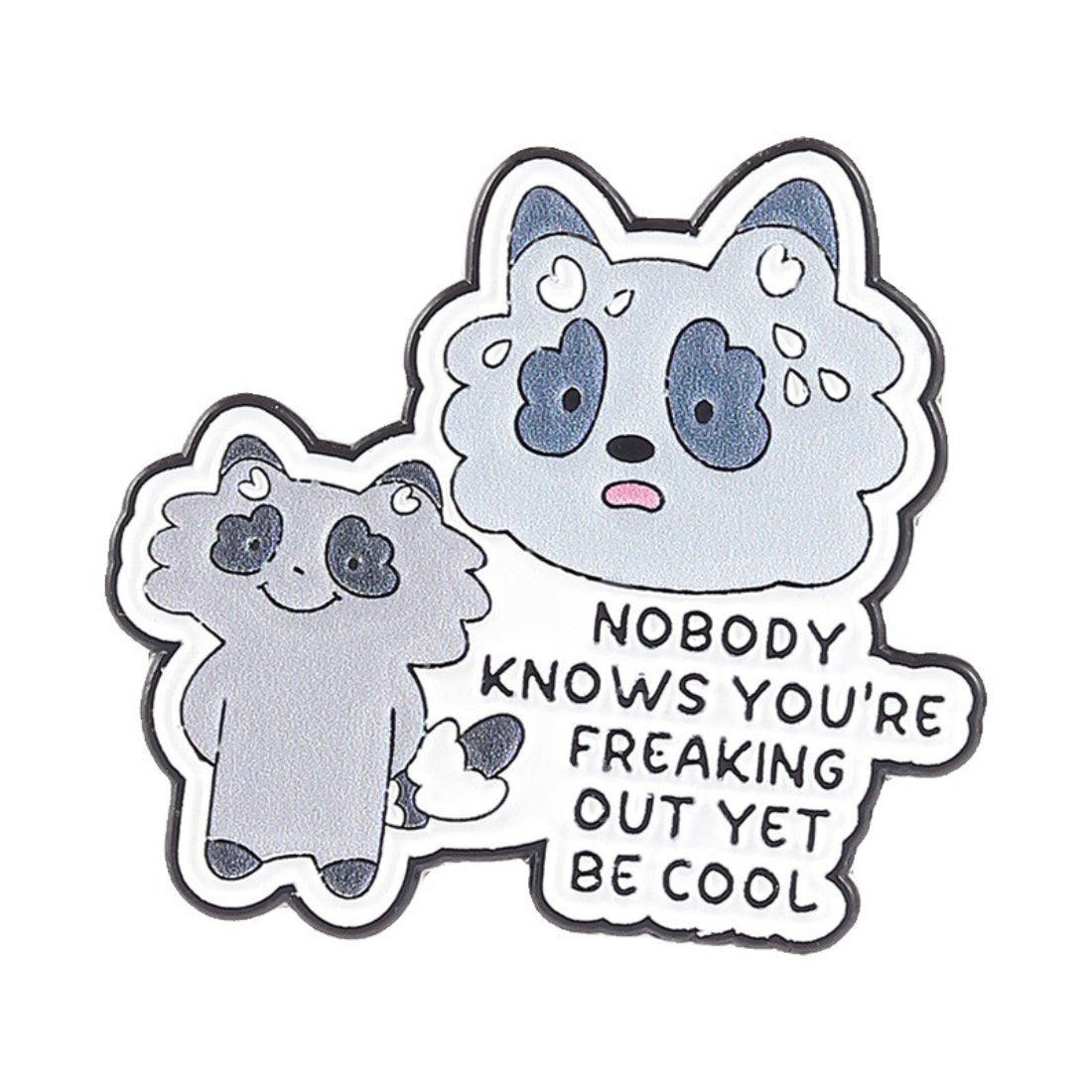 Pinori Positive Raccoon Quote enamel pin attached to a denim jacket pocket