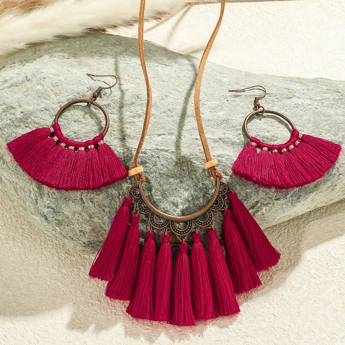 Red Tassel Necklace and Earring Set