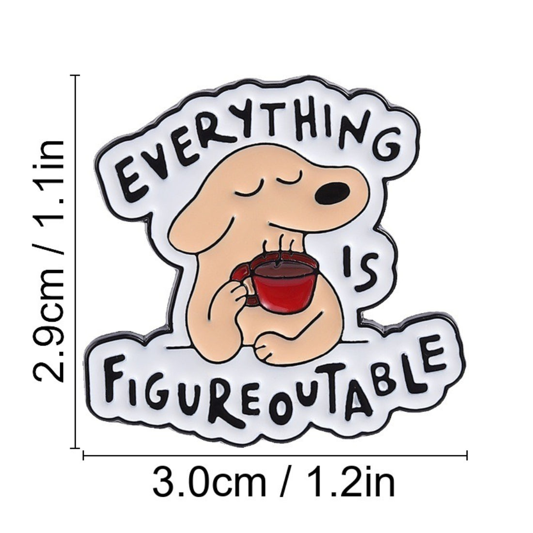 Pinori Figureoutable dog enamel pin attached to denim fabric