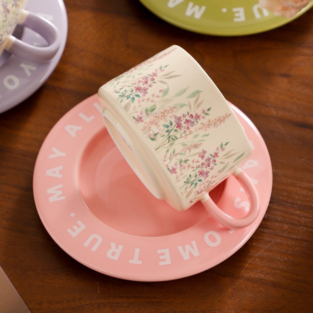 Mivora - Pastel Botanical Pattern Coffee Mug and Saucer Set