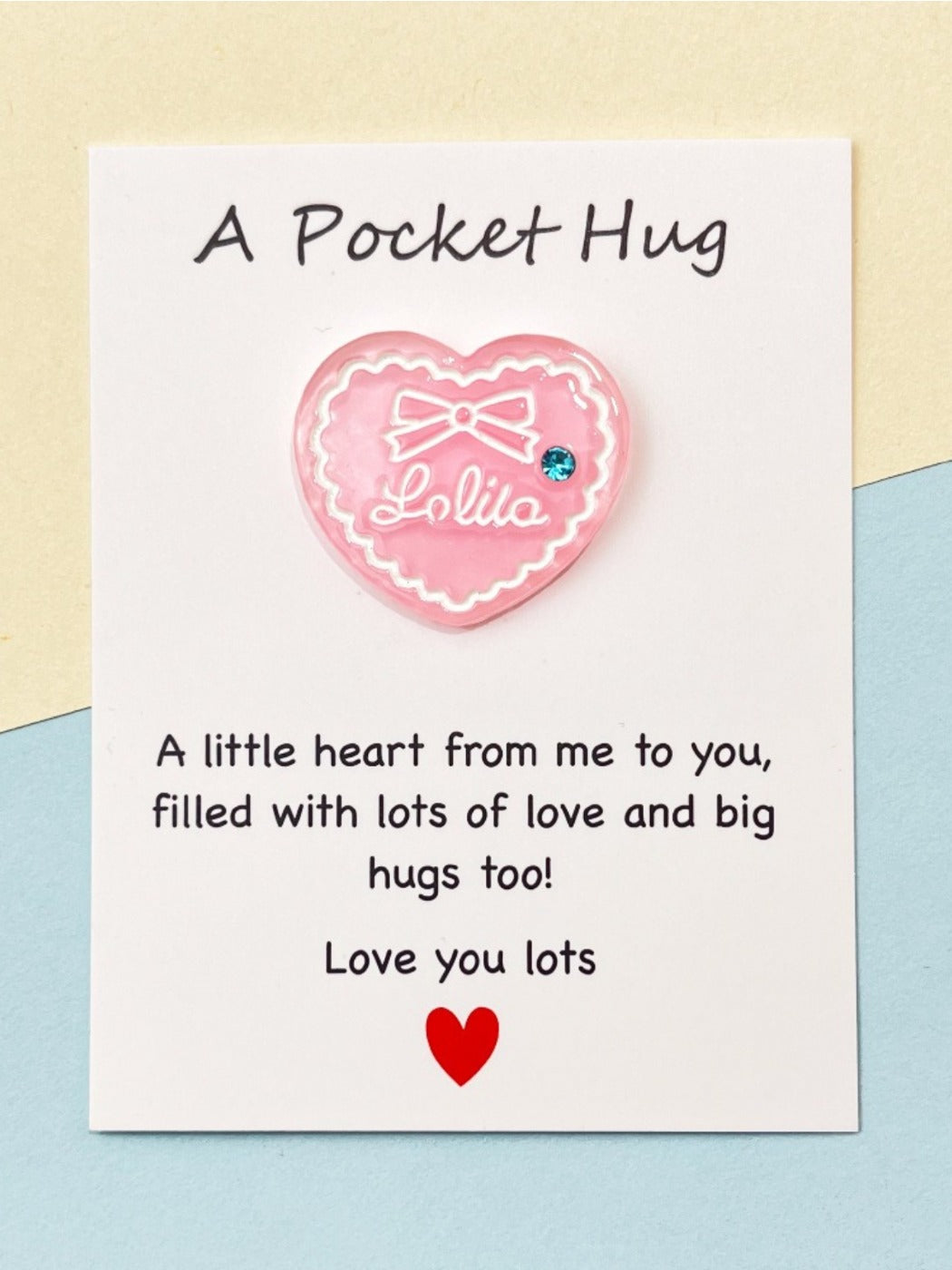 Taphug - Pocket Hug Glitter Pink Heart Strawberry pocket hug card and keepsake token view 3