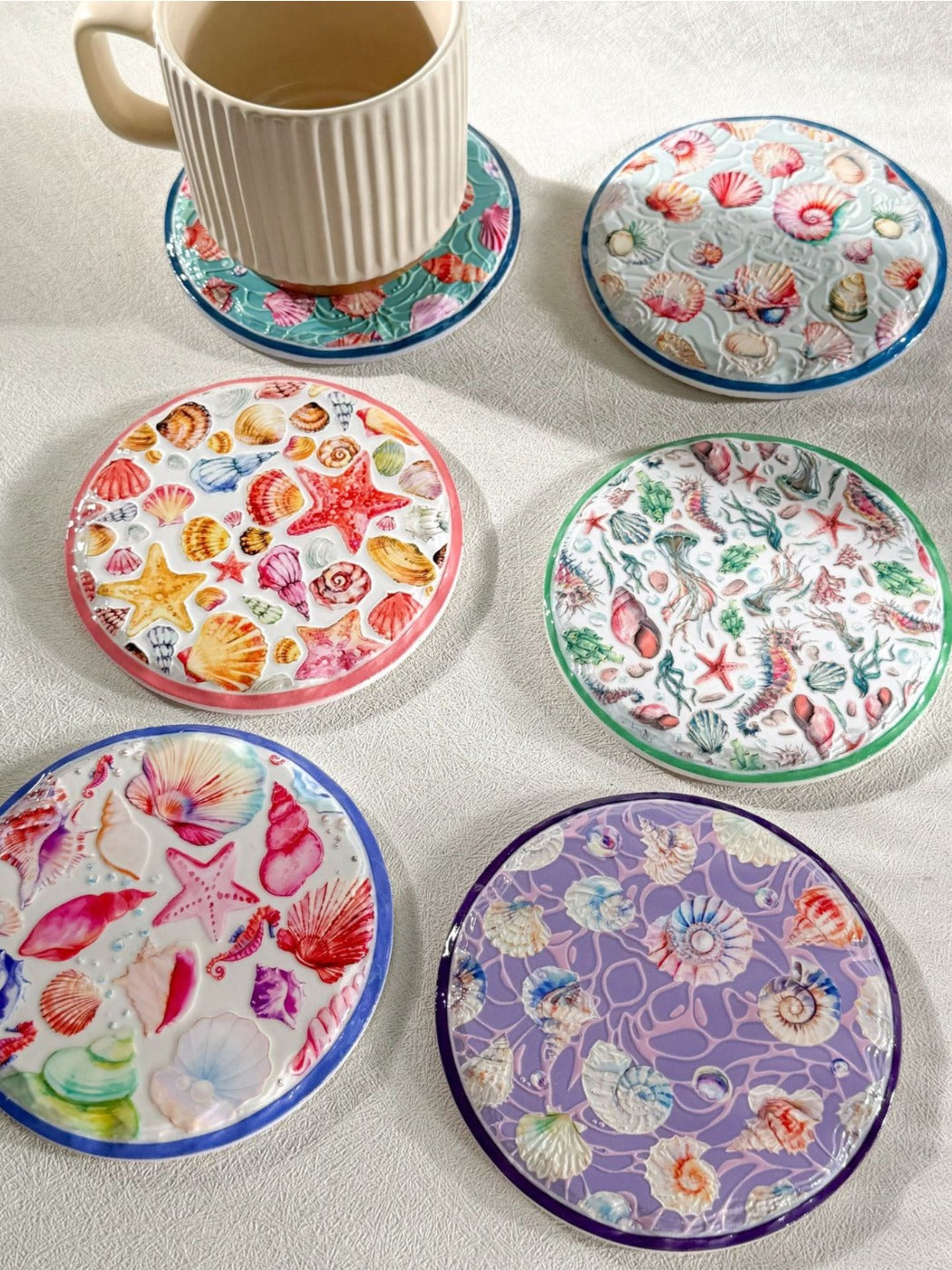 Thimara - Ocean Themed Ceramic Coaster Set with Shell and Conch