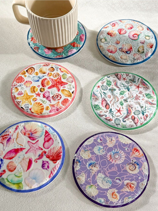 Thimara - Ocean Themed Ceramic Coaster Set with Shell and Conch