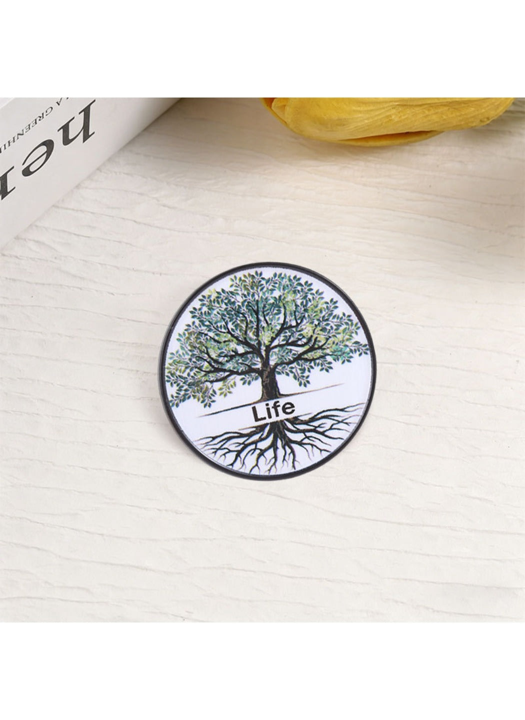 Pinori - Cute Cartoon Tree of Life with Life Text & White Circle Pin