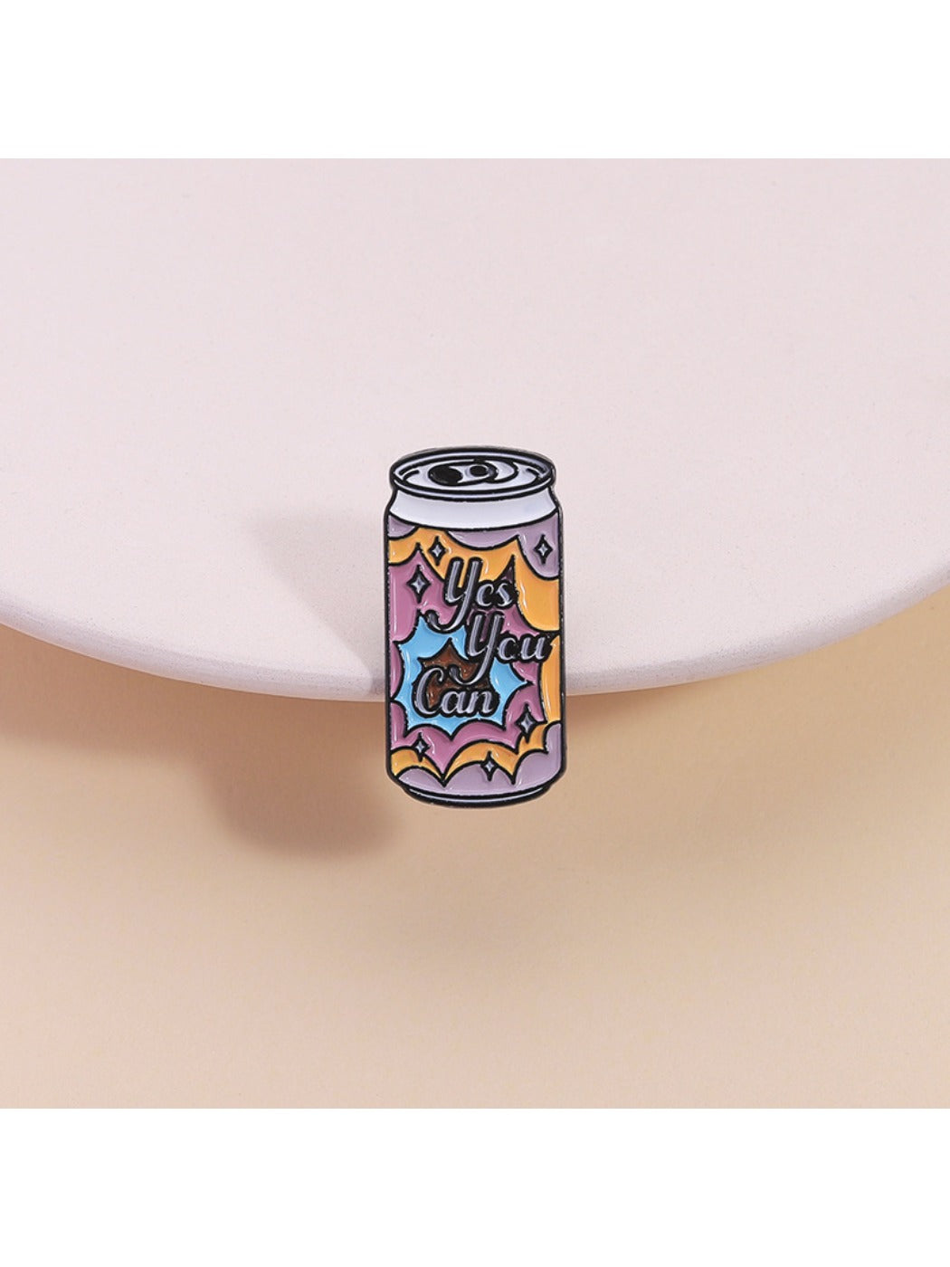 Pinori punk soda can metal pin with colorful graphic design on white background