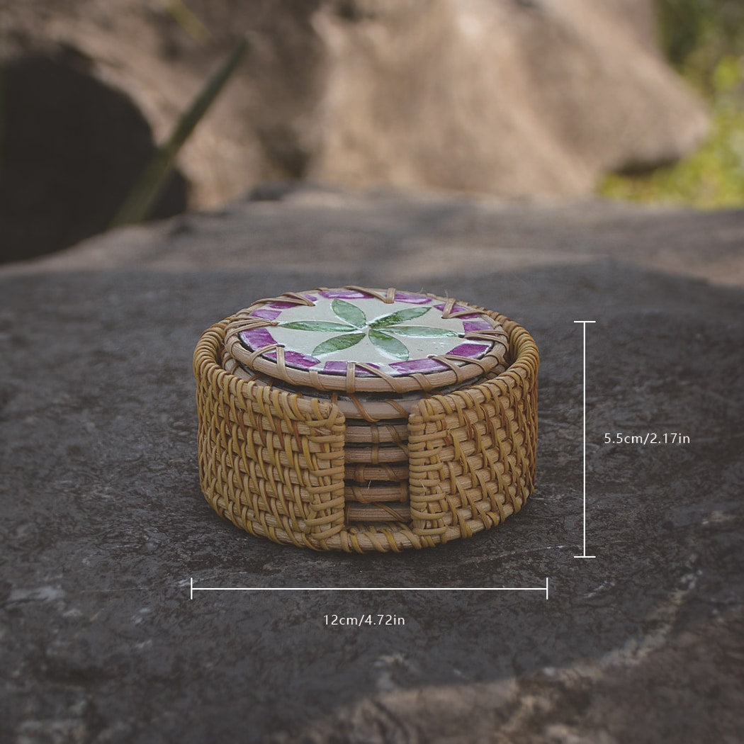 Thimara - Round Floral Pattern Woven Style Coaster Set
