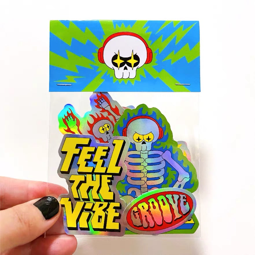 DJ Skull Holographic Sticker 8 pcs Set