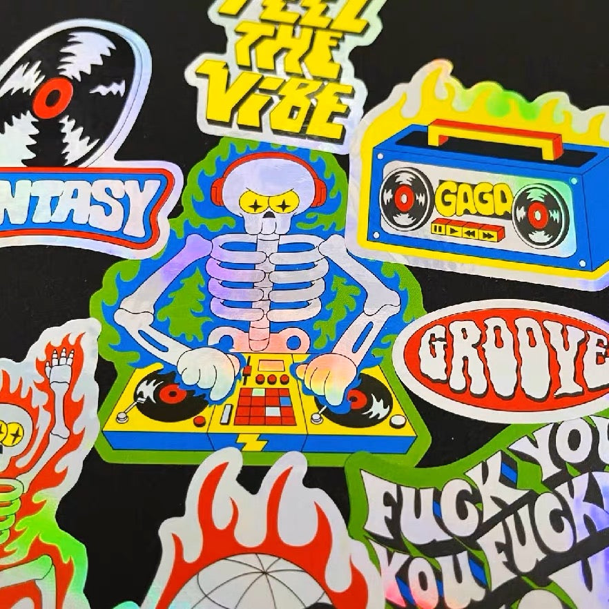 DJ Skull Holographic Sticker 8 pcs Set