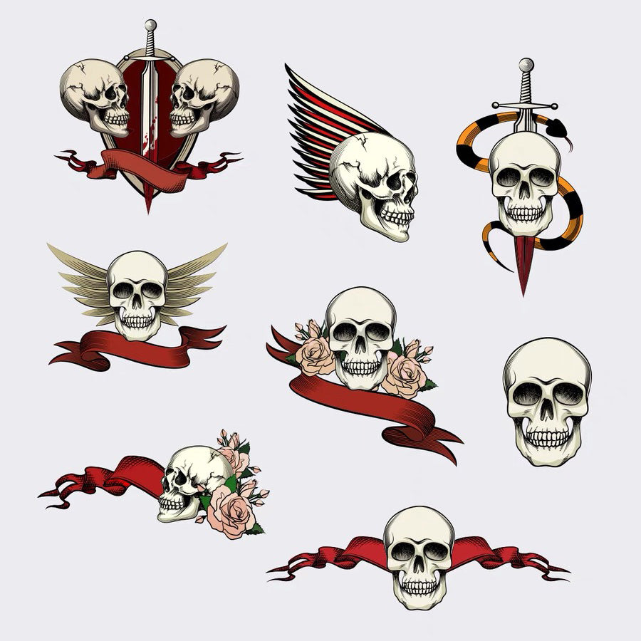 Skull Temporary Tattoo Sticker 8 pcs Set