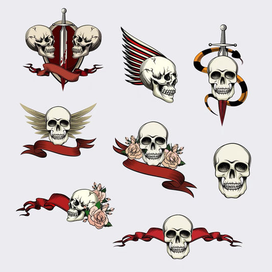 Skull Temporary Tattoo Sticker 8 pcs Set