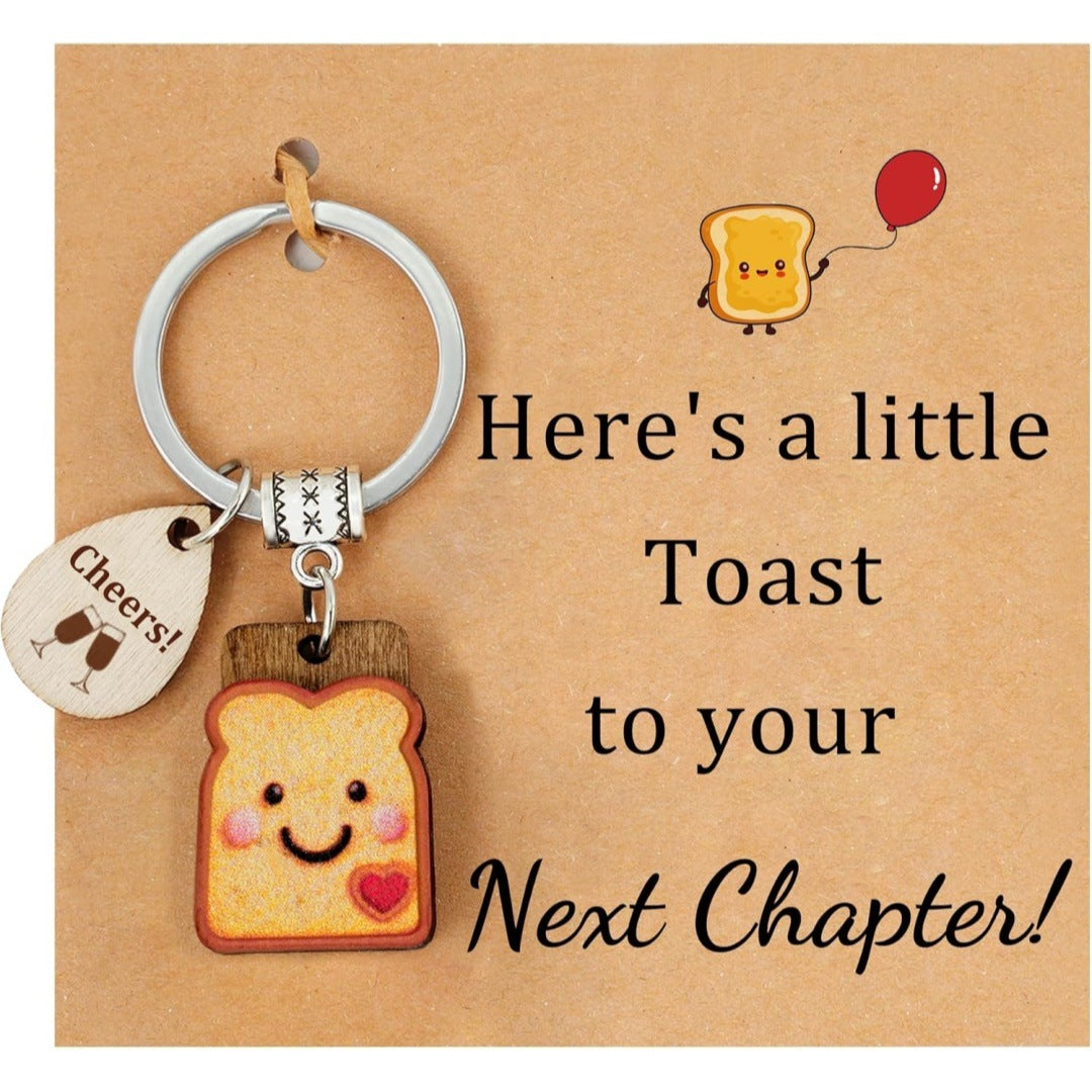 Taphug cute bread cartoon keychain with smiling face and keyring on white background