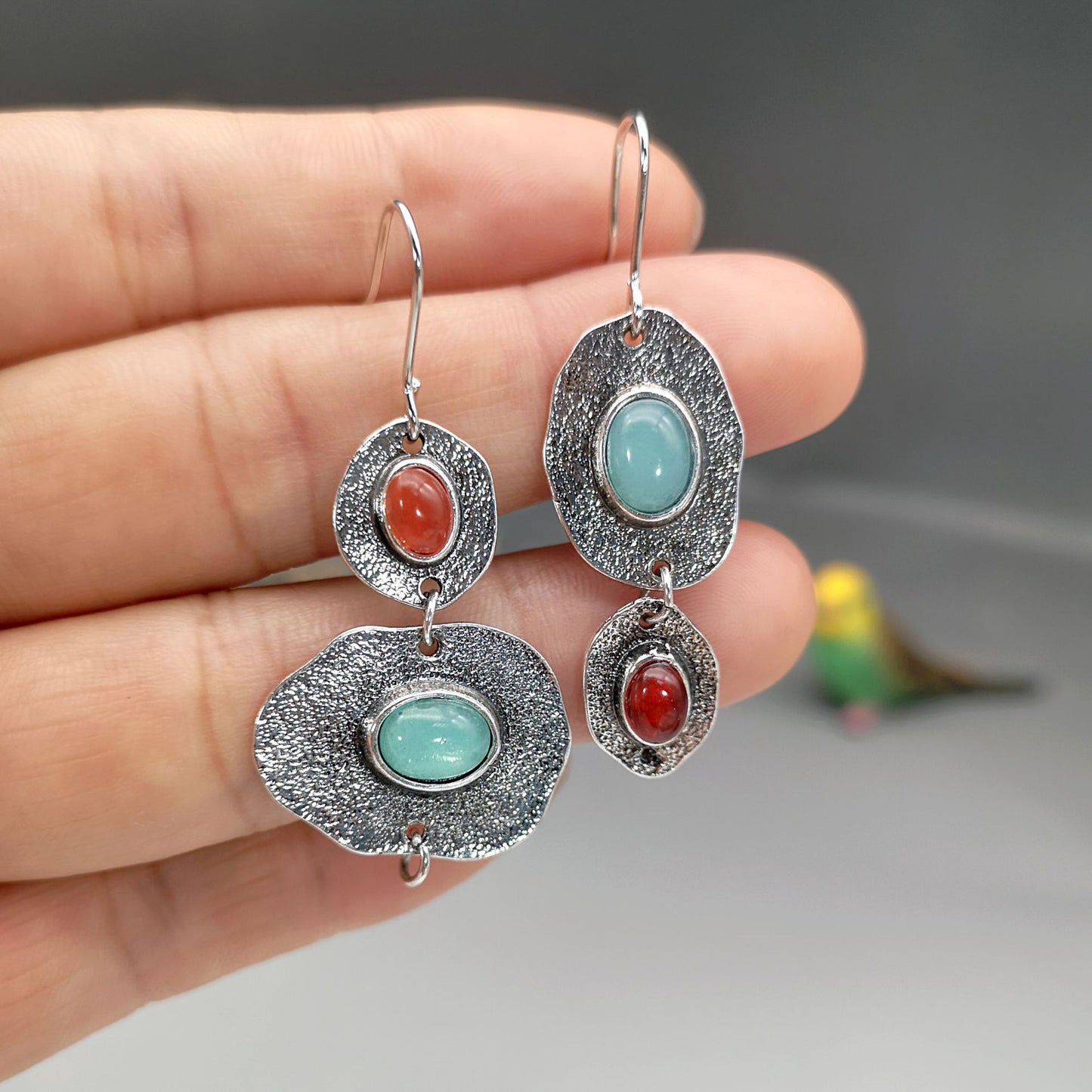 Bohemian Asymmetrical Red and Blue Earrings