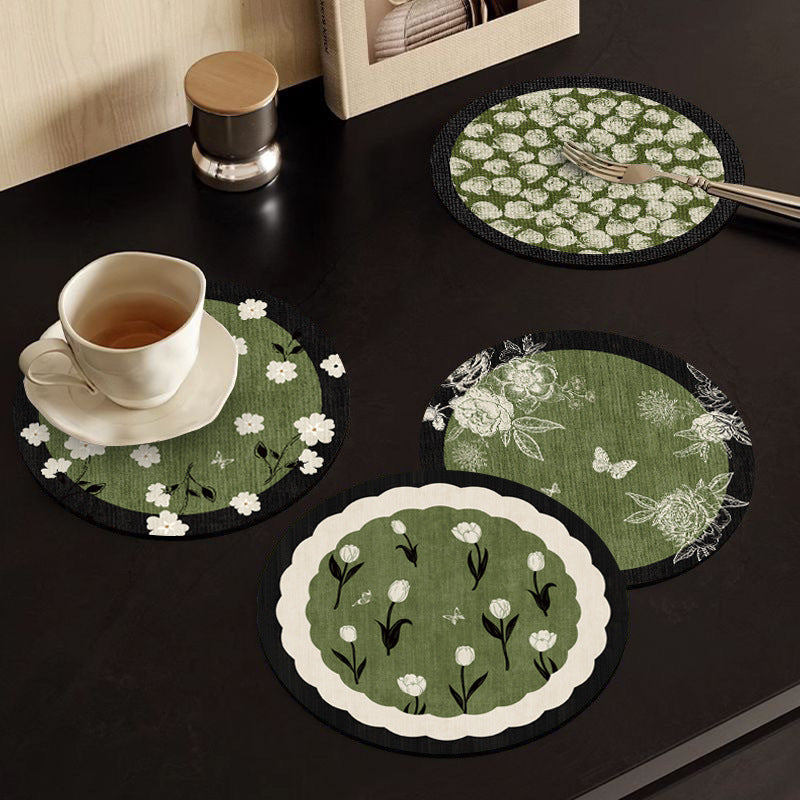 Close-up of Thimara vintage style green coaster placemat showing woven texture