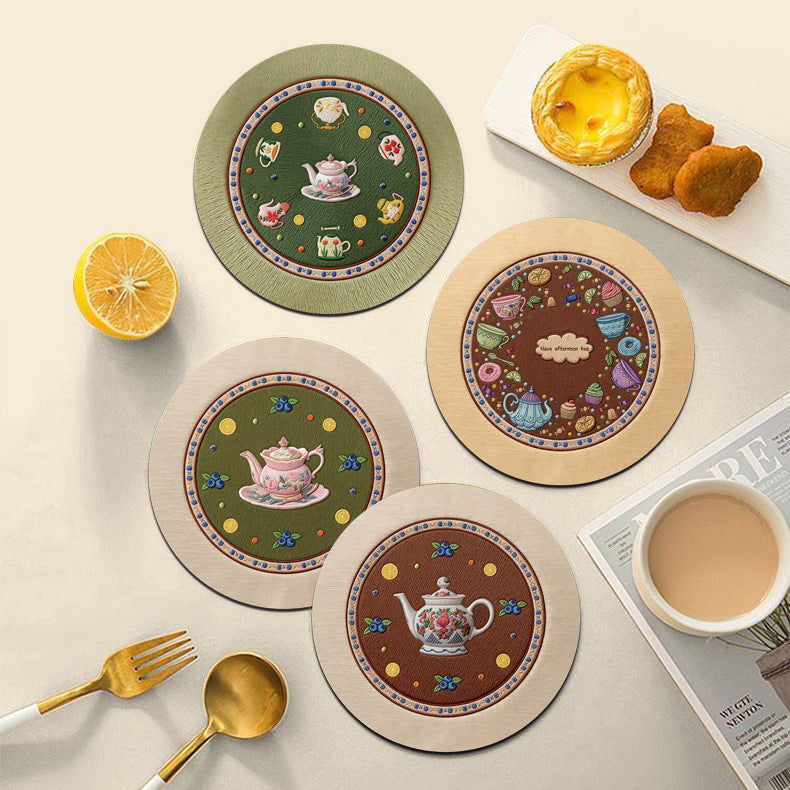 Close-up of Thimara retro coasters showing colorful geometric patterns and heat resistant feature