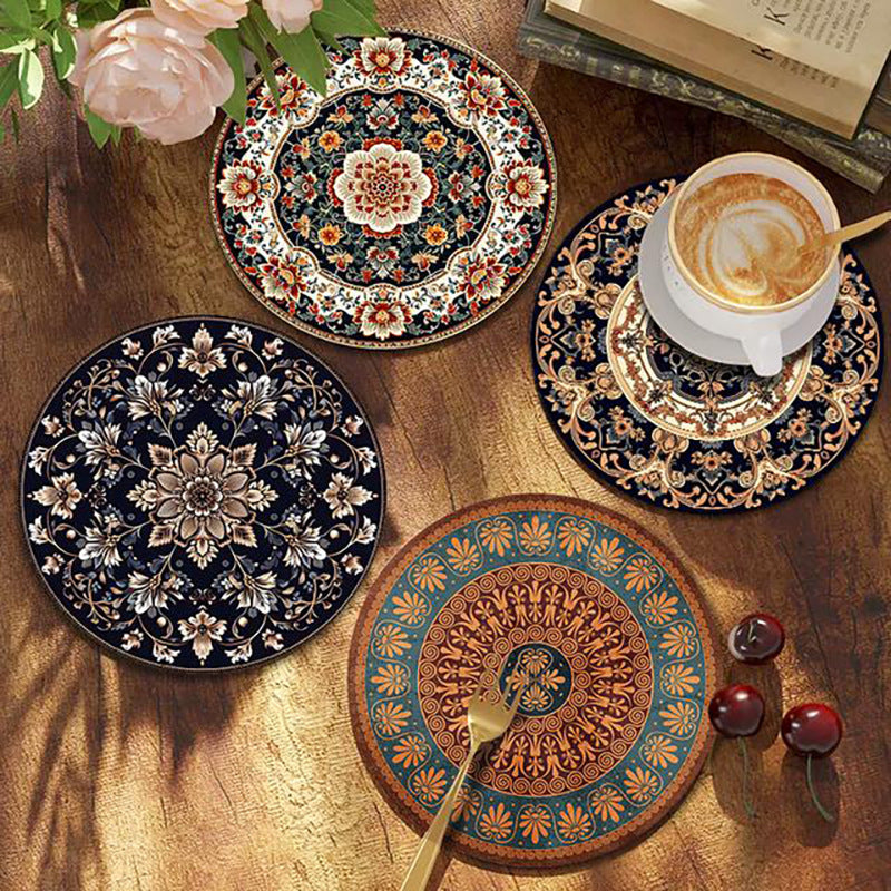 Close-up of Thimara round coaster showing detailed bohemian design and texture