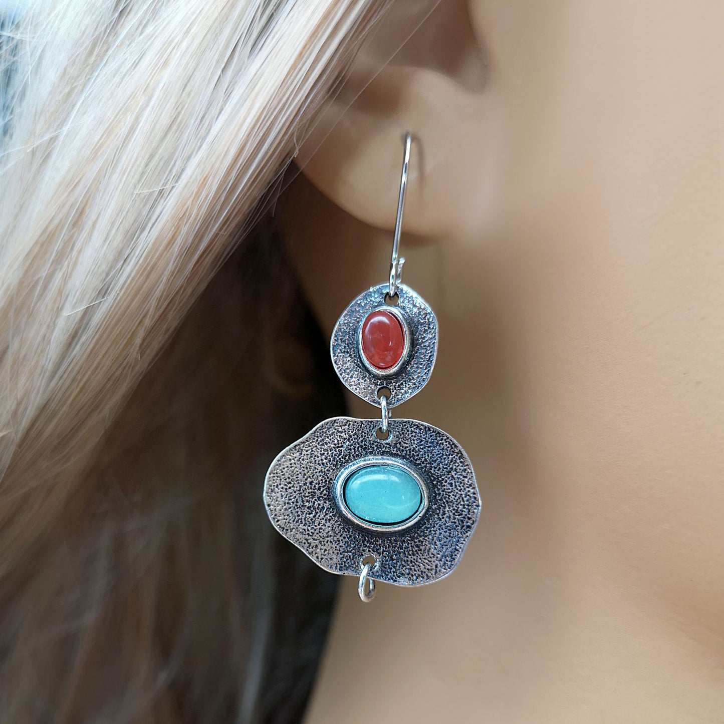 Bohemian Asymmetrical Red and Blue Earrings