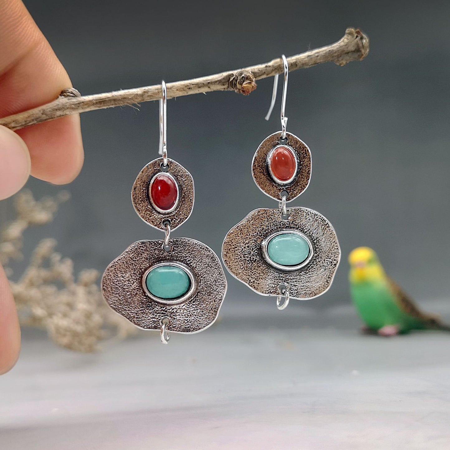 Bohemian Asymmetrical Red and Blue Earrings