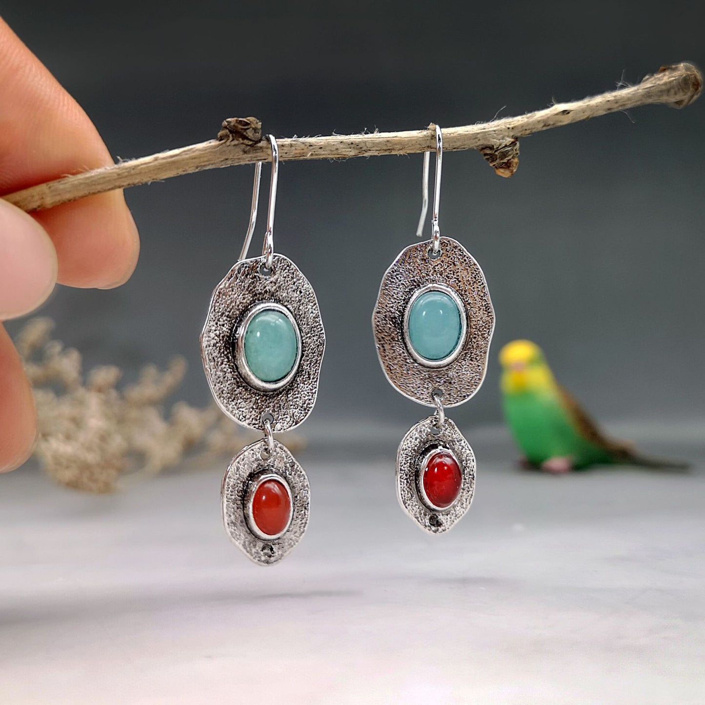 Bohemian Asymmetrical Red and Blue Earrings