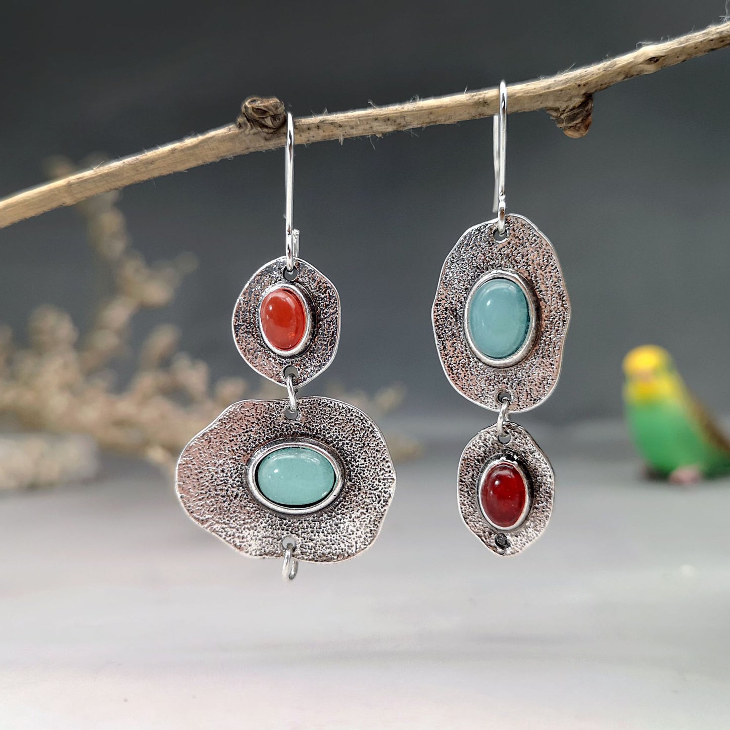 Bohemian Asymmetrical Red and Blue Earrings