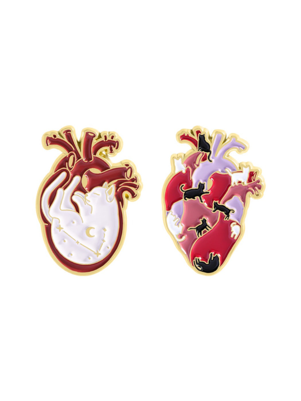 Pinori brooch held in hand to show size and detailed cat heart anatomy design