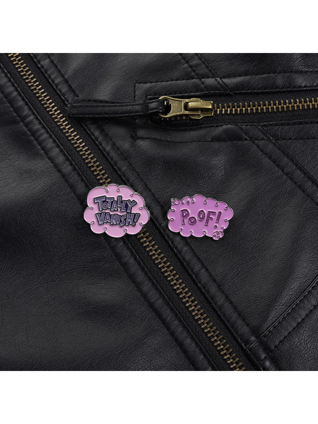 Pinori Creative Pink Cloud metal pin attached to denim jacket pocket