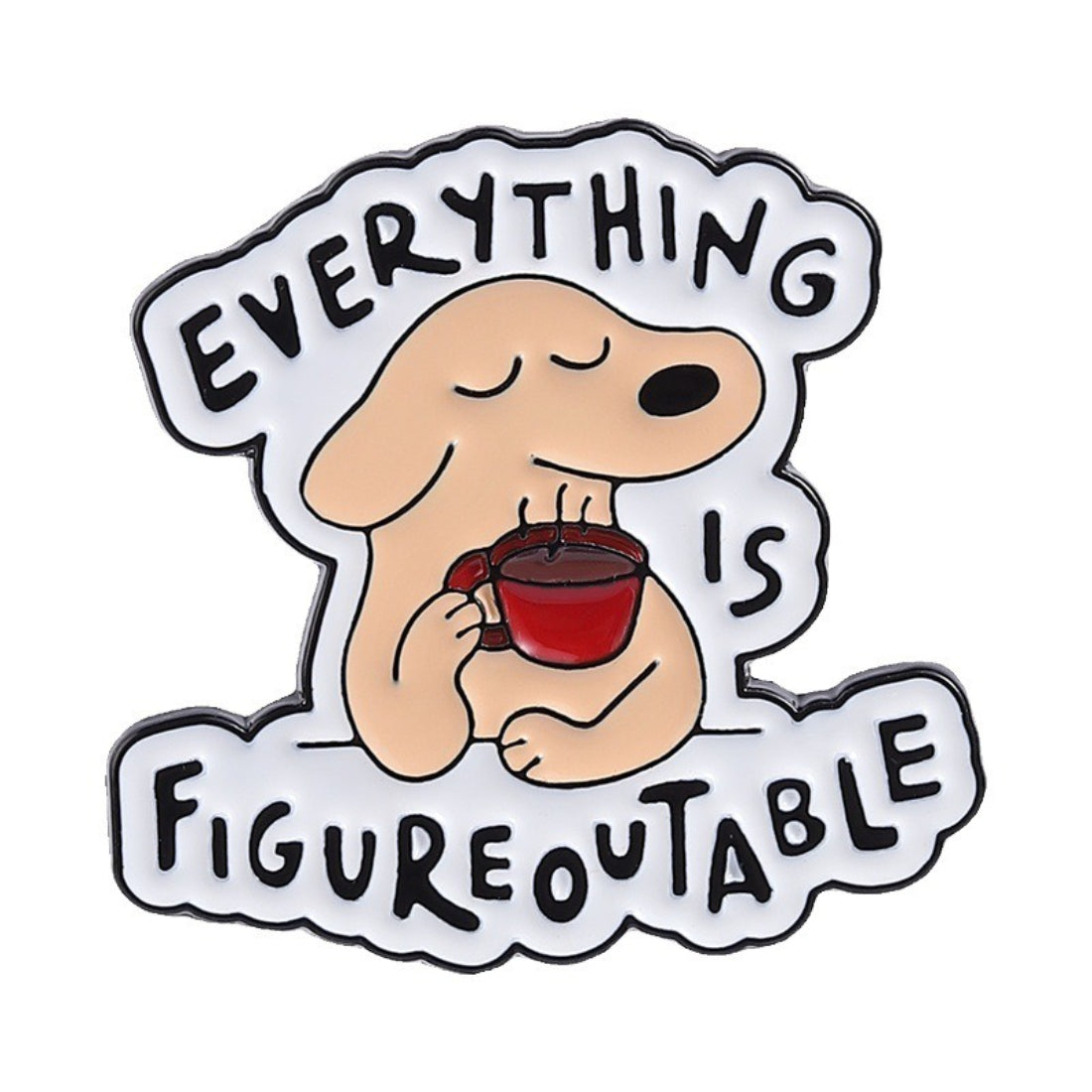 Close-up of Pinori Figureoutable dog enamel pin showing detailed colors and metal edges
