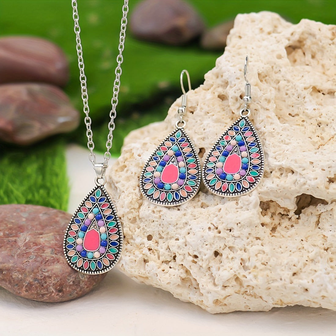 Bohemian Teardrop Earrings and Necklace Set