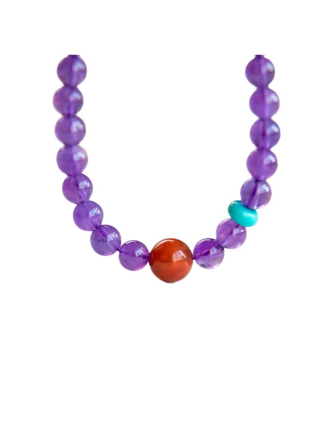 Detailed shot of smooth lavender amethyst stones and purple beads on Emora bracelet