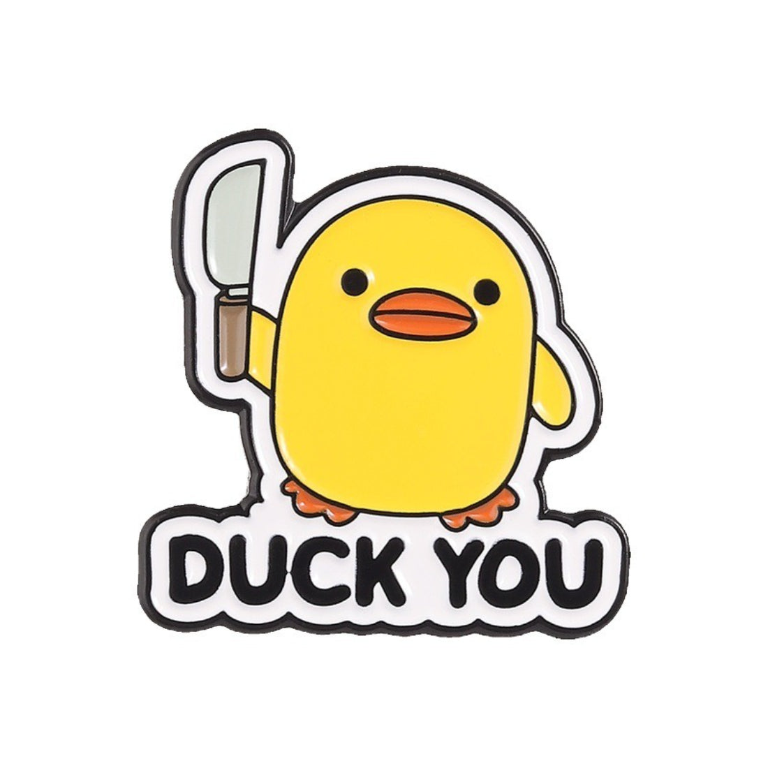 Pinori duck enamel pin displayed on a black card with brand logo