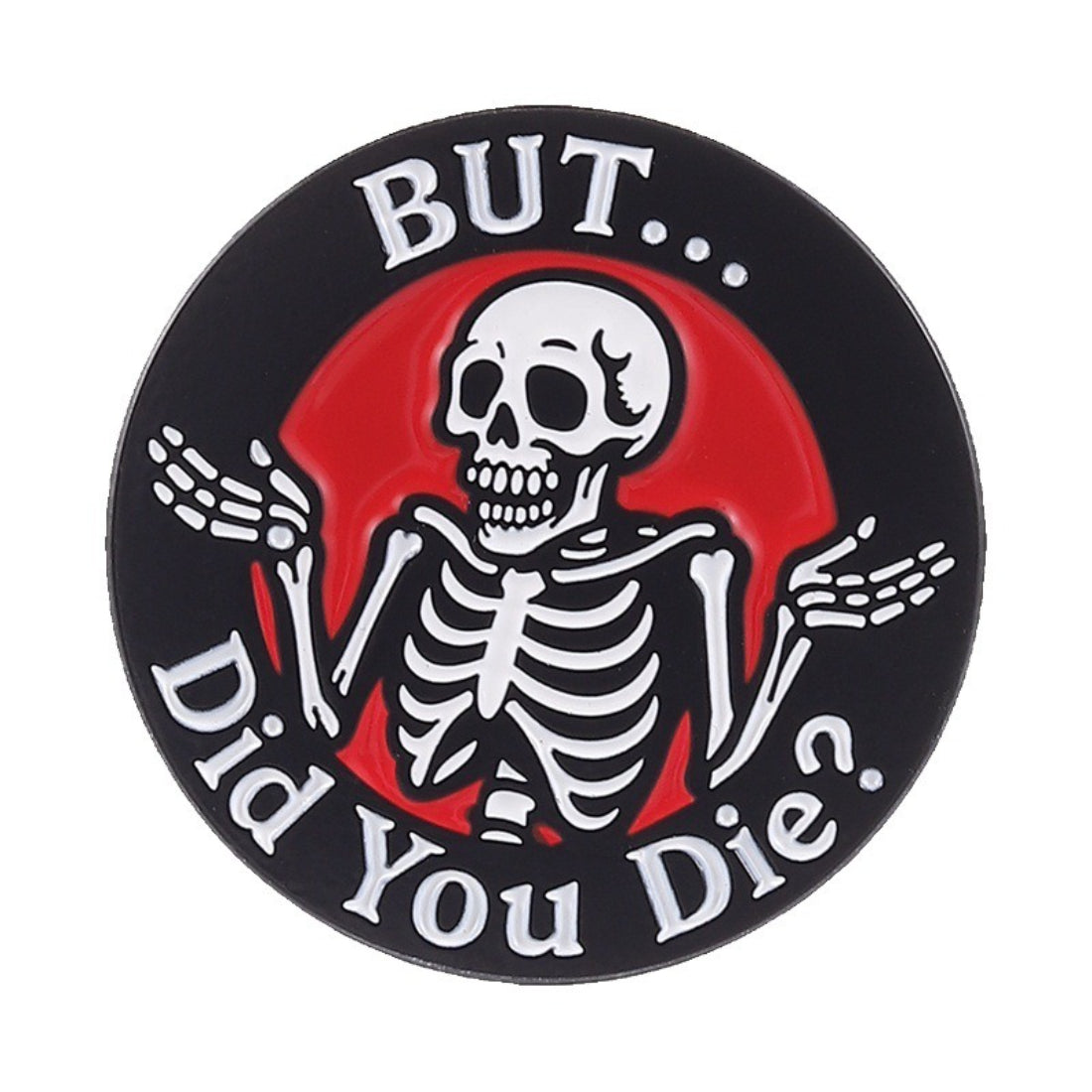 Back view of Pinori skeleton enamel pin showing metal pin clasp